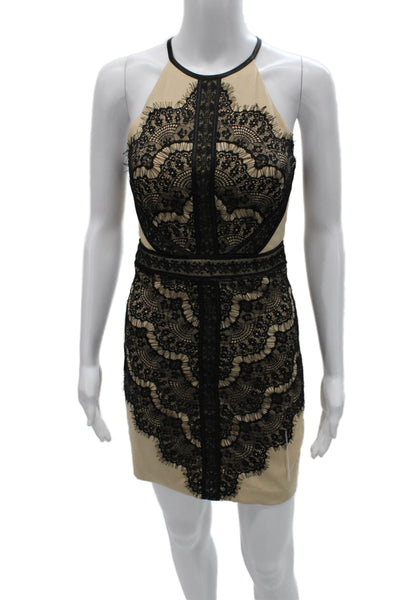 Bebe Women Bodycon Beige Halter Long Floral Nylon Zip Sleeveless Dress Size 2