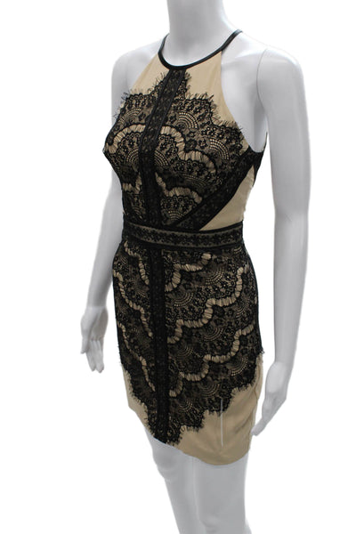 Bebe Women Bodycon Beige Halter Long Floral Nylon Zip Sleeveless Dress Size 2