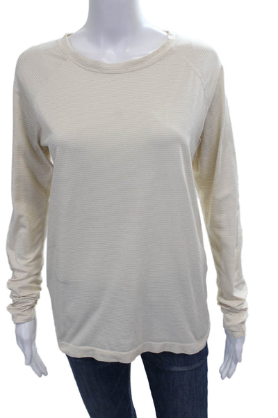 Athleta Womens Basic Ivory Striped Long Sleeve Crew Neck T-Shirt Nylon Size S