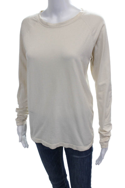 Athleta Womens Basic Ivory Striped Long Sleeve Crew Neck T-Shirt Nylon Size S