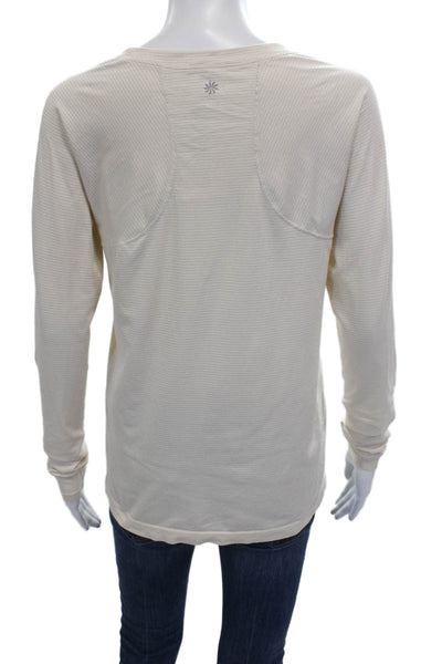 Athleta Womens Basic Ivory Striped Long Sleeve Crew Neck T-Shirt Nylon Size S
