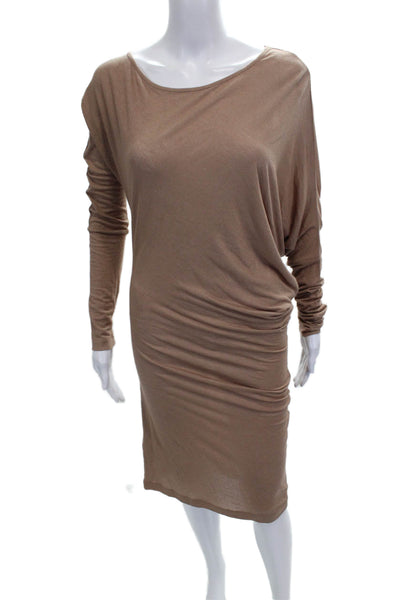 BCBG Max Azria Womens Sheath Dress Beige Long Sleeve Scoop Neck Rayon Size M