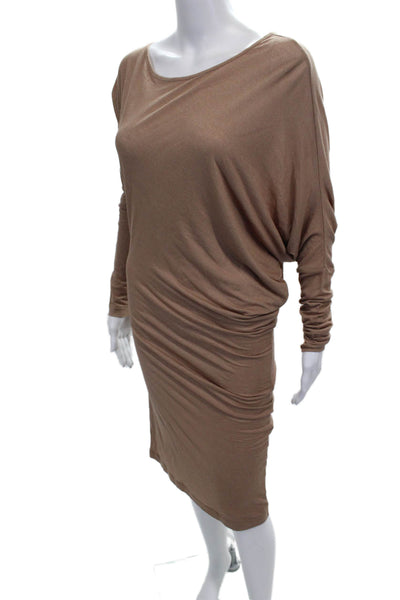 BCBG Max Azria Womens Sheath Dress Beige Long Sleeve Scoop Neck Rayon Size M