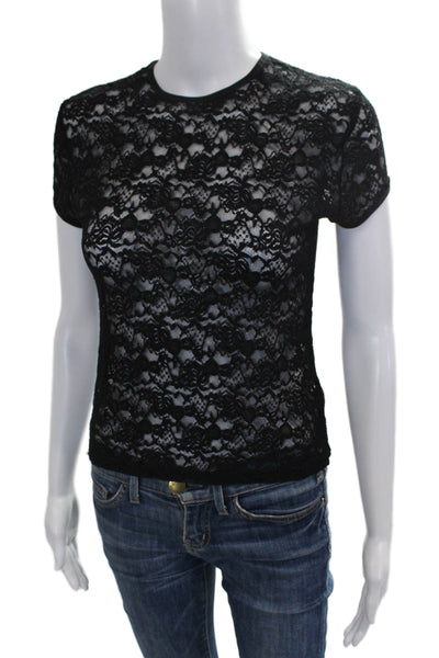 Edikted Women Basic Black Floral Crew Neck Short Sleeve Tee Size L