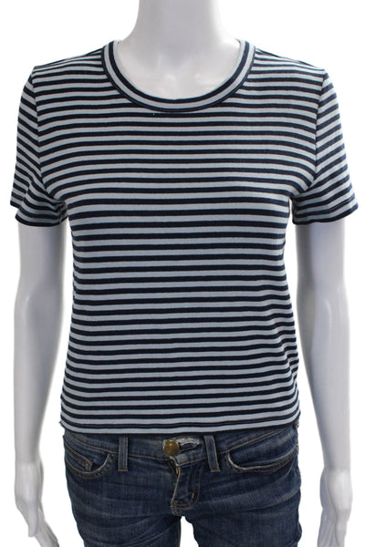 Sunday Best Women Blue Striped Basic Short Sleeve Round Neck T-Shirt Size M