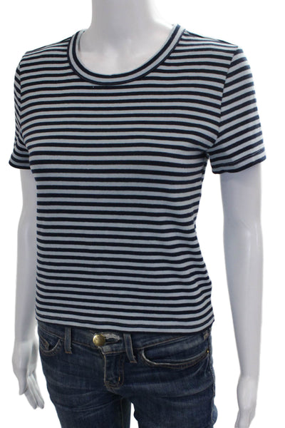 Sunday Best Women Blue Striped Basic Short Sleeve Round Neck T-Shirt Size M