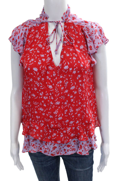 Parker Women Silk Floral V Neck Sleeveless Red Tie Blouse Basic Size M