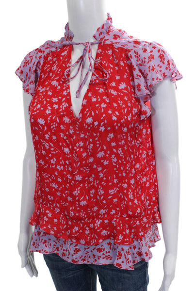 Parker Women Silk Floral V Neck Sleeveless Red Tie Blouse Basic Size M