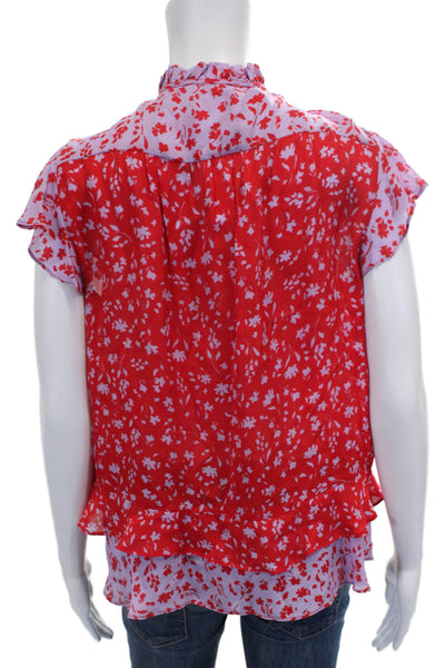 Parker Women Silk Floral V Neck Sleeveless Red Tie Blouse Basic Size M