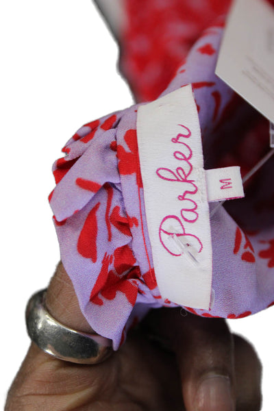 Parker Women Silk Floral V Neck Sleeveless Red Tie Blouse Basic Size M