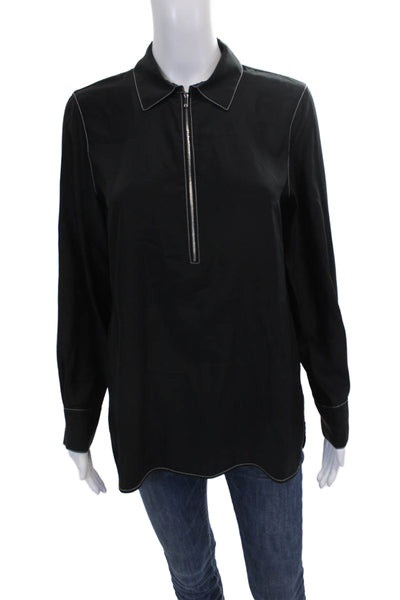 Lafayette 148 New York Women Silk Collared Blouse Black Long Sleeve Zip Size S
