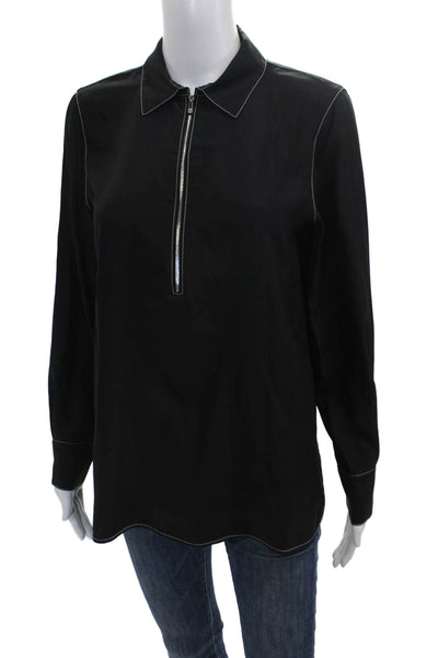 Lafayette 148 New York Women Silk Collared Blouse Black Long Sleeve Zip Size S
