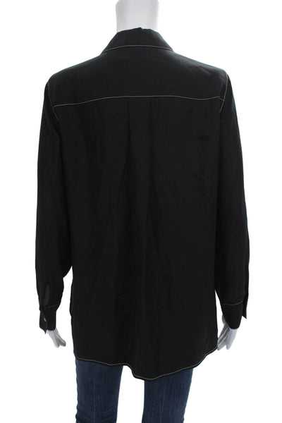 Lafayette 148 New York Women Silk Collared Blouse Black Long Sleeve Zip Size S