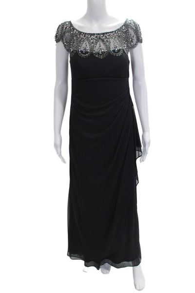 Xscape Women Maxi Dress Black Boat Neck Short Sleeve Petite Size 8