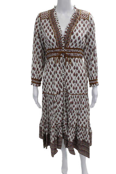Veronica Beard Women Maxi Dress White Cotton V Neck Long Sleeve Size 2