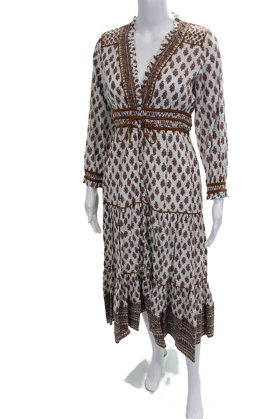 Veronica Beard Women Maxi Dress White Cotton V Neck Long Sleeve Size 2