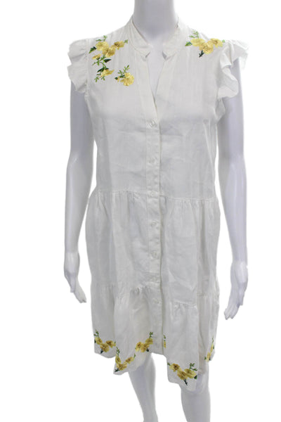 Saks Fifth Avenue Women Shirt Dress White Floral Linen Short Size S