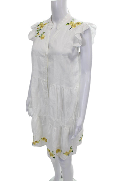 Saks Fifth Avenue Women Shirt Dress White Floral Linen Short Size S