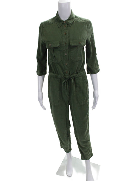 Topshop Petite Women Jumpsuit Green Lyocell Collared Button 3/4 Sleeve Size 4