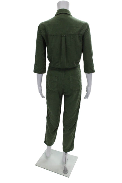 Topshop Petite Women Jumpsuit Green Lyocell Collared Button 3/4 Sleeve Size 4