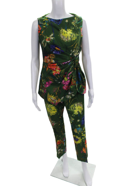 Lela Rose Wom,ens Floral Print Tank Top Creased Pant Set Green Size 4/6