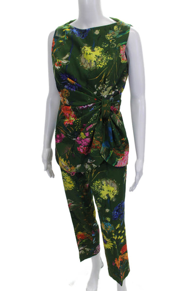 Lela Rose Wom,ens Floral Print Tank Top Creased Pant Set Green Size 4/6
