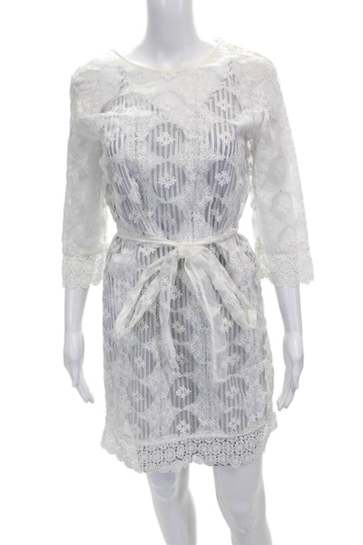 Sandro Women White Floral Shift Dress 3/4 Sleeve Round Neck Cotton Size 36
