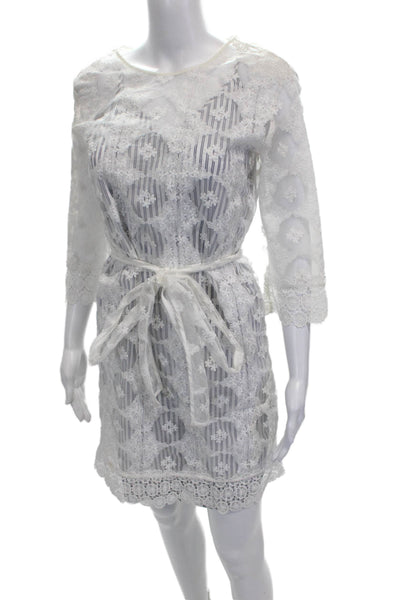 Sandro Women White Floral Shift Dress 3/4 Sleeve Round Neck Cotton Size 36