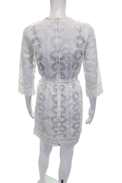 Sandro Women White Floral Shift Dress 3/4 Sleeve Round Neck Cotton Size 36