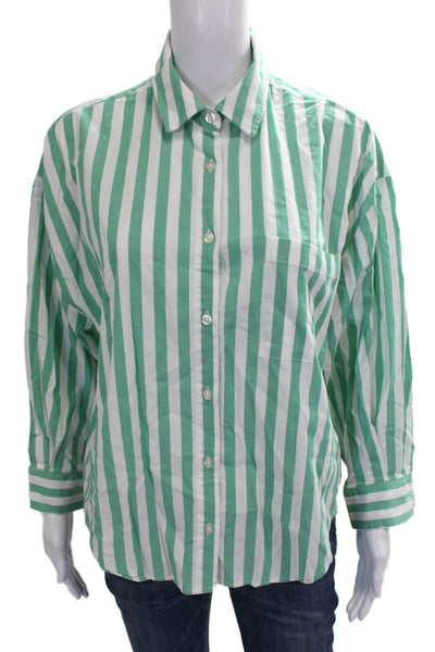 Pistola Women Striped Button-Up Blouse Green Cotton Long Sleeve Size XS