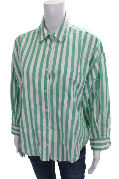 Pistola Women Striped Button-Up Blouse Green Cotton Long Sleeve Size XS