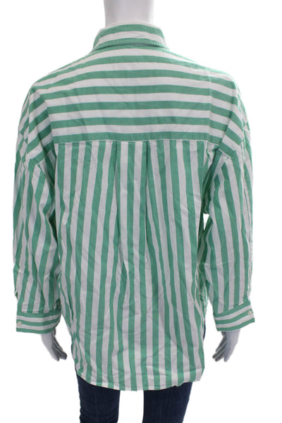 Pistola Women Striped Button-Up Blouse Green Cotton Long Sleeve Size XS
