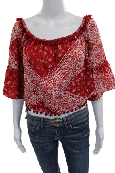 Tularosa Women Cropped Off Shoulder Paisley Blouse 3/4 Sleeve Red Size S