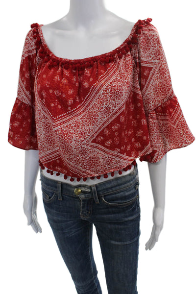 Tularosa Women Cropped Off Shoulder Paisley Blouse 3/4 Sleeve Red Size S