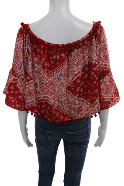 Tularosa Women Cropped Off Shoulder Paisley Blouse 3/4 Sleeve Red Size S