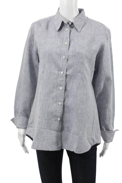 Claridge + King Women Button-Up Blouse Blue Linen Long-Sleeve Size L