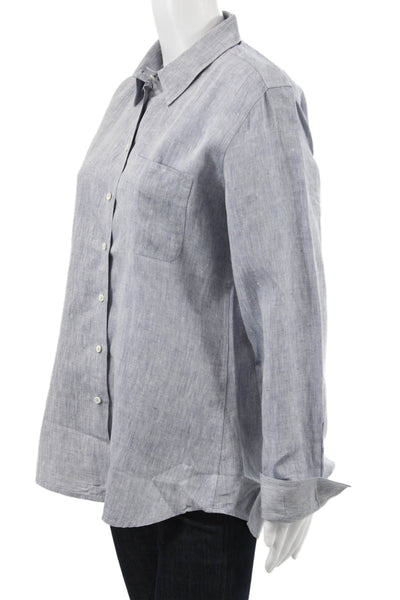 Claridge + King Women Button-Up Blouse Blue Linen Long-Sleeve Size L