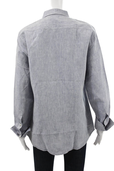 Claridge + King Women Button-Up Blouse Blue Linen Long-Sleeve Size L