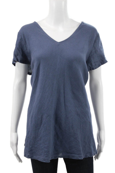 Match Point Women Tunic Linen V-Neck Short Sleeve Blue Solid Size S