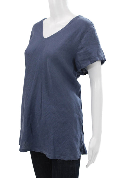 Match Point Women Tunic Linen V-Neck Short Sleeve Blue Solid Size S