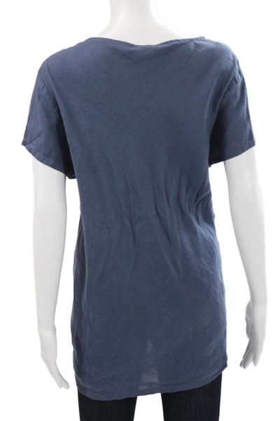 Match Point Women Tunic Linen V-Neck Short Sleeve Blue Solid Size S