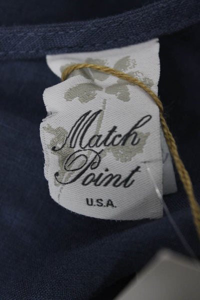 Match Point Women Tunic Linen V-Neck Short Sleeve Blue Solid Size S