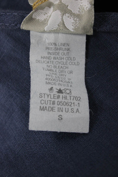 Match Point Women Tunic Linen V-Neck Short Sleeve Blue Solid Size S