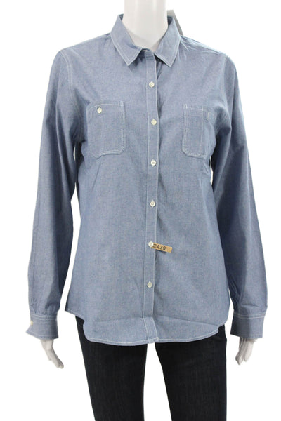 J. Mclaughlin Women Collared Cotton Button-Up Blouse Blue Long Sleeve Size L