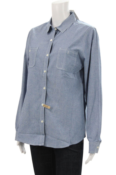 J. Mclaughlin Women Collared Cotton Button-Up Blouse Blue Long Sleeve Size L