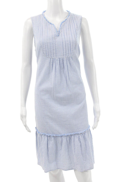 J. Mclaughlin Womens Blue Striped Cotton V-Neck Shift Dress Sleeveless Size L