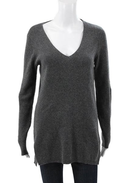 Saks Fifth Avenue Women Cashmere V Neck Gray Tunic Sweater Long Sleeve Size M