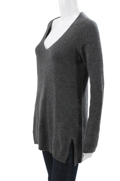 Saks Fifth Avenue Women Cashmere V Neck Gray Tunic Sweater Long Sleeve Size M