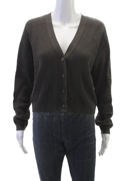 Oyun Women Gray V-Neck Long Sleeve Cardigan Linen Cotton Fall Size M