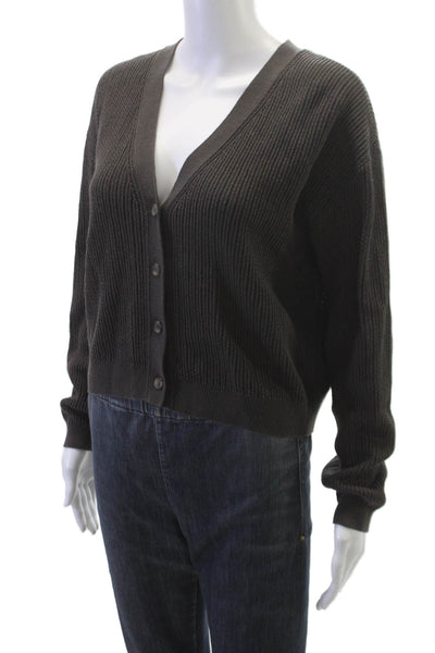 Oyun Women Gray V-Neck Long Sleeve Cardigan Linen Cotton Fall Size M